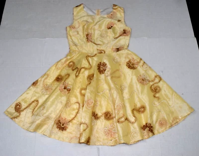 Vintage Dress Size S 50s Shimmery Yellow Golden Textured Daisy Swirls Fit Flare - Image 1 of 4