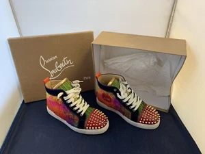 CHRISTIAN LOUBOUTIN Lou Spikes Corduroy Tweed & Patent Leather Sneakers Size 37 - Picture 1 of 20
