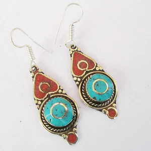 Tribal Genuine Turquoise Coral Multi-color Earrings for women wear jewellery R18 - Imagen 1 de 7
