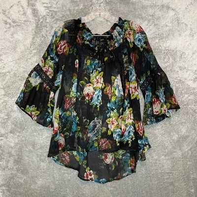 BKE Boutique Women Whimsigoth Floral Chiffon Sheer Hi Low Bell Sleeve Top S - Image 1 of 4
