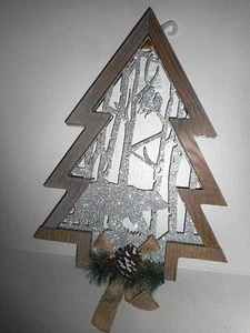 NWT HOLIDAY TREE SHAPED WALL/DOOR HANGING GLITTERY SILVER TREES & BEAR PINECONE - Picture 1 of 3