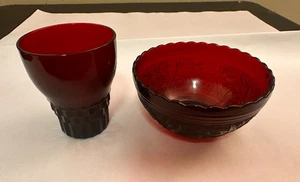 1930s Vintage Anchor Hocking Ruby Red 5" Bowl + Drinking Glass Cup [Soup Cereal} - Picture 1 of 6