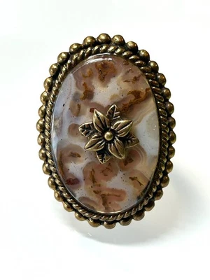 Anel Stephen Dweck pluma ágata oval tamanho 7 bronze assinado década de 1990 vintage RARO - Imagem 1 de 4