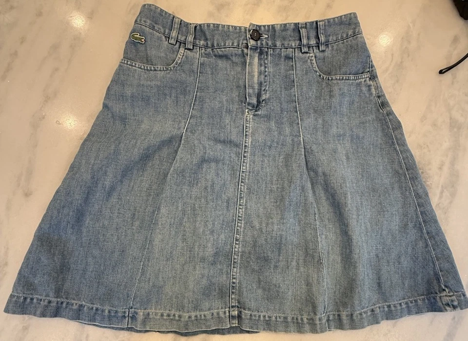 Lacoste Denim Skirt Womens 36 A-line Green Alligator Zipper Made In France Small - Image 1 of 4