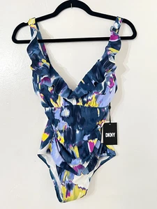 DKNY Ruffle Plunge Underwire Tummy Control One-Piece Blue Swimsuit Size 4 - Picture 1 of 4