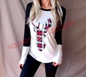 Neu Damen-Langärmliges Raglan-Top Shirt Holiday Christmas Graphic kariert Hirsch - Bild 1 von 9