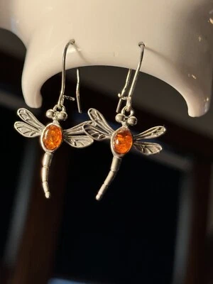 Sterling Silver French Hook Dragon Fly Amber Earrings - Image 1 of 4