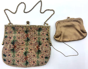 Petite Point Tapestry Handbag Purse Enamel Vintage w/ Coin Purse Attached - Picture 1 of 14