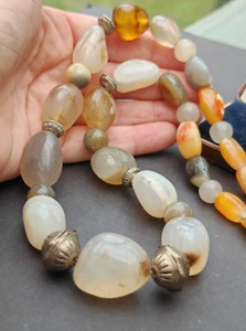 Huge chunky agate carnelian old cut hand carved gemstone bead necklace vintage - Picture 1 of 10