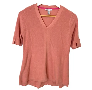 Isaac Mizrahi Women's M Sweater Tunic VNeck Peach Ribbed Flared Hem Short Sleeve - Picture 1 of 12