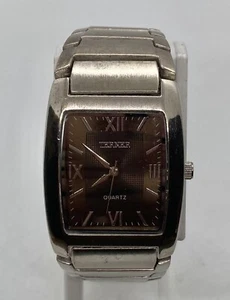 TERNER MENS WATCH New Battery BROWN RECTANGULAR Dial 7” Silver Band - Nice! - Picture 1 of 8