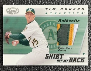 🔥TIM HUDSON 2002 LEAF SOMB 3 COLOR GAME USED ATHLETICS JERSEY NAME PATCH!🔥 - Picture 1 of 2