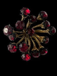 Vintage Rubinrot Strass Messing Blume Brosche Blumenstrauß Anstecknadel - Bild 1 von 10