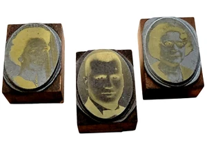 Photo Letter Printing Press Portraits 3 Wood & Metal Vtg Antique Blocks - Picture 1 of 11