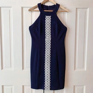 Eliza J Navy Blue Classic Halter Shift Dress Nautical Crochet Trim Women Size 4 - Picture 1 of 6