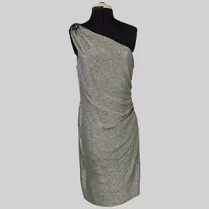 Maggy London Crincle Gold Cocktail Party Dress sz 12 One Shoulder Brooch Stretch - Picture 1 of 14