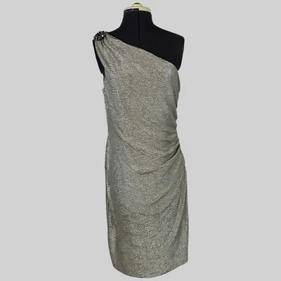 Vestido Maggy London Crincle Dorado Cóctel Fiesta Talla 12 Un Hombro Broche Elástico Foto 1 de 4