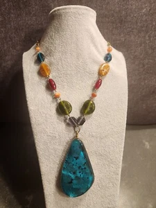 Perlen Träne Anhänger Halskette mehrfarbig Bronze Kette klobig Hippie - Bild 1 von 9