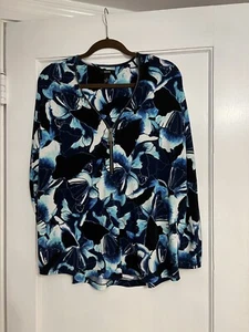 Alfani Womens Long Sleeve Zip Front Blouse Top Size M Blue Black Floral Pullover - Picture 1 of 7