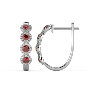 Best Offer..! 0.60 Carat Natural Ruby & Diamond Halo Hoop Earrings in White Gold - Picture 1 of 9