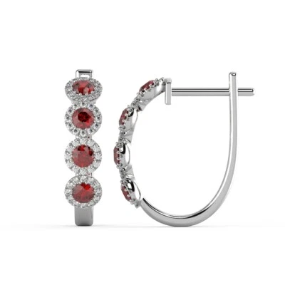 Best Offer..! 0.60 Carat Natural Ruby & Diamond Halo Hoop Earrings in White Gold - Image 1 of 4