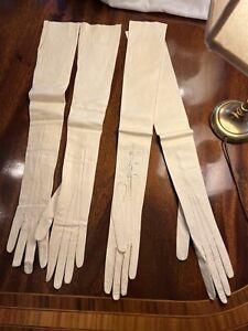 Vintage 2 Pair Opera Length 24” Off White Kid Leather Gloves Paris New NIP