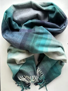 100% Cashmere Large Woven Patterned Stole 190x72cm Navy Blue Green Ecru Grey - Picture 1 of 9