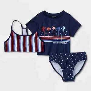 Art Class Girls Short Sleeve Rash Guard Swimsuit Three Piece Blue M (7/8) NWT - Picture 1 of 9