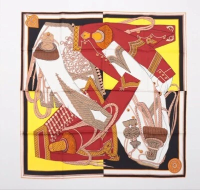 HERMES Scarf Carre 90cm 35" ZOUAVES ET DRAGONS JAUNE VIF/BORDEAUX MINT w/Box - Image 1 of 4