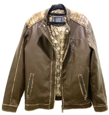Guess Leather Jacket Dark Brown Washed Mens Size L Style #M3BL14WFOQ0 LIKE NEW - Image 1 of 4