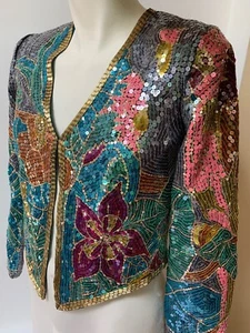 Jack Bryan Size 6 Sequin Floral Short Blazer Jacket Evening Vtg Fuchsia Flower - Picture 1 of 12