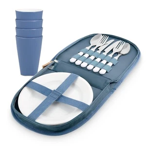 Camping Picnic Cutlery Set 2 Plates 4 Tumblers Cutlery Compact Portable Handle - Picture 1 of 7