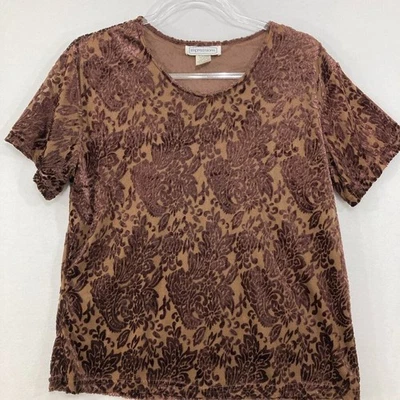 Top Vintage Impresiones Grande Marrón Floral Abstracto Terciopelo Quemado Otoño Boho Foto 1 de 4