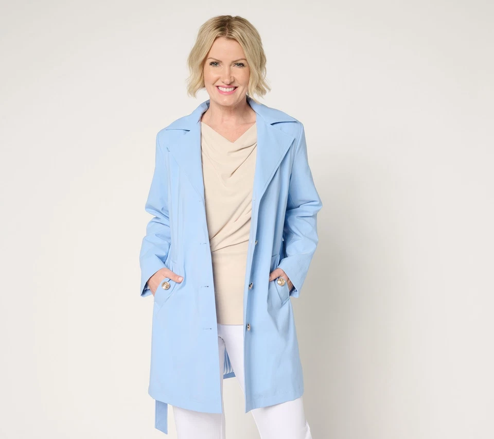 Dennis Basso Petite Water Resistant Trench Coat with Hood Pure Sky Blue XS New - Image 1 of 1
