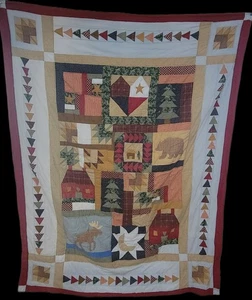 Vintage Quilt Country Christmas Granny Core Cabin Moose Bear Trees 84×64" - Picture 1 of 9
