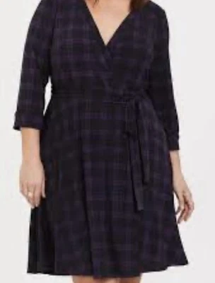TORRID dress 4 Faux Wrap Purple & Black Plaid Knee Length Slinky Travel Belted - Image 1 of 4