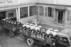 Moto Gilera motorcycle factory photo Fiat 500 delivery truck 1950 photograph