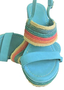 LU LU Wedge Strappy Sandals Platform Jute +Turquoise Faux Leather Italy US 9 - Picture 1 of 12