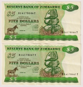 ZIMBABWE $5 (1994)  P-2e, Sign 3 Wmk A -2 Consecutive Circulated  BA 6175046-7 T - Picture 1 of 2