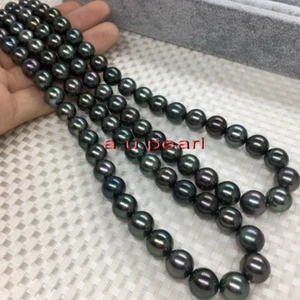 AAAAA 36" long 10-11 mm REAL Tahitian round green BLACK pearl necklace 14K gold - Picture 1 of 8