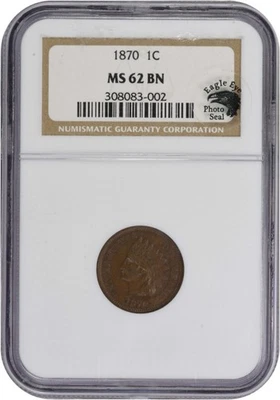 1870 Indian Cent MS62BN NGC - Image 1 of 4