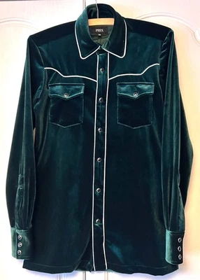 Phix England Clothing Velvet Green Western Shirt Poppers XS BNWT - Image 1 of 4