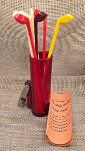 VTG MCM 19th Hole Swizzle Stick Gold Caddy With "Pour Card" Opener & Corkscrew - Picture 1 of 7