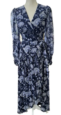 Vestido maxi Anthropologie Hutch geo floral envoltório feminino pequeno azul, forrado branco - Imagem 1 de 4