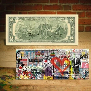 NYC U-BAHN AUTO GRAFFITI Mickey Superman Ali JFK Banksy Kunst 2 $ Schein SIGNIERT Rency - Bild 1 von 3