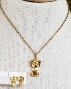 1994 Avon Angel Birthstone Pendant Necklace Gold Tone Clip Earrings Set - Picture 1 of 7