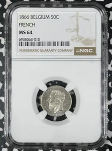 1866 Belgium 50 Centimes NGC MS64 Lot#G9988 Silver! Choice UNC! French KM#26 - Picture 1 of 3