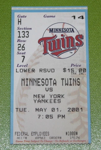 Minnesota Twins Ticket Stub | May 1 2001 | Mike Mussina CG SH Win Derek Jeter H Cover