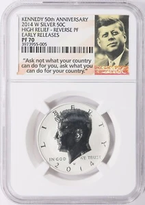 2014 W SILVER 50C KENNEDY HALF DOLLAR NGC PF70 HIGH RELIEF REVERSE PROOF 70 - Picture 1 of 2