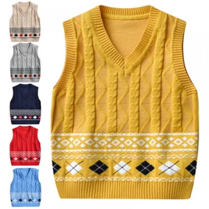 Boys Kids Solid Sleeveless V Neck Vest Jacket Sweater Jumper Tank Tops Waistcoat - Picture 1 of 48